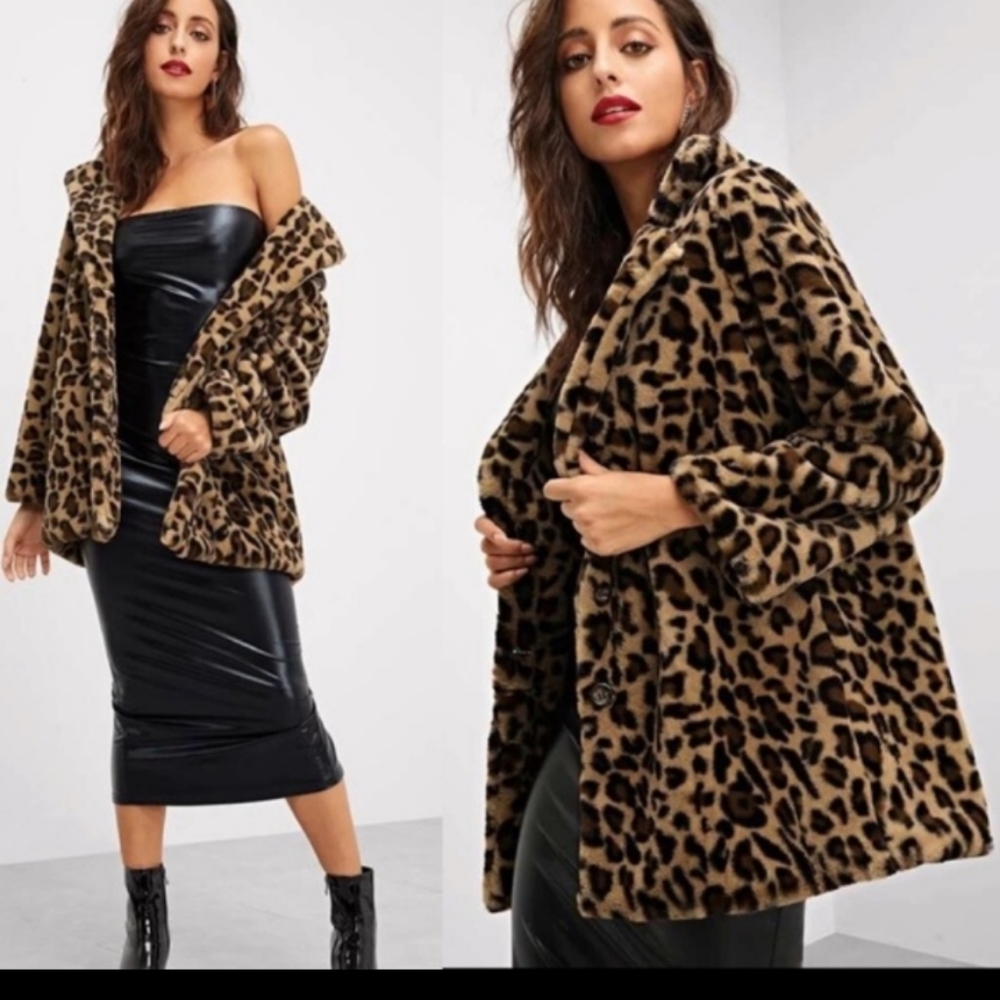 Faux Fur Jacket Coat Leopard Animal Print NEW